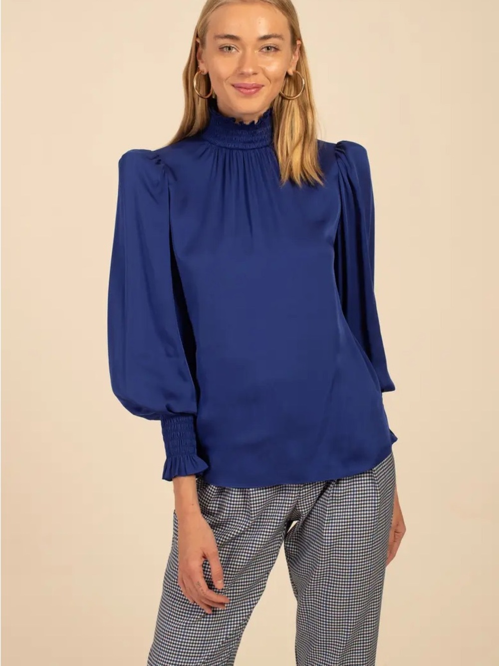Trina Turk Smocked High-Neck Blouse in Royal Blue
